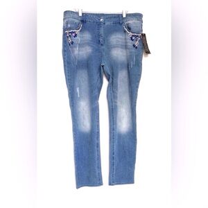 NWT Bianca Nygard Light Indigo Wash Denim Straight Leg Studded Jeans Size XL